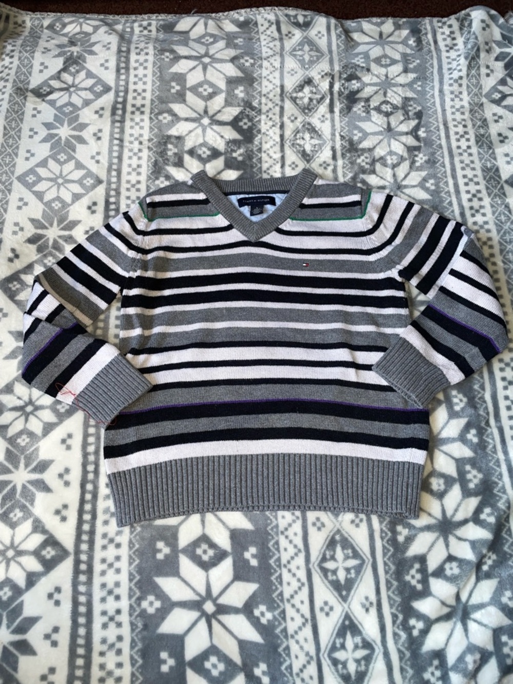 Tommy Hilfiger Gray, Black, White & Purple Striped V-Neck Pullover